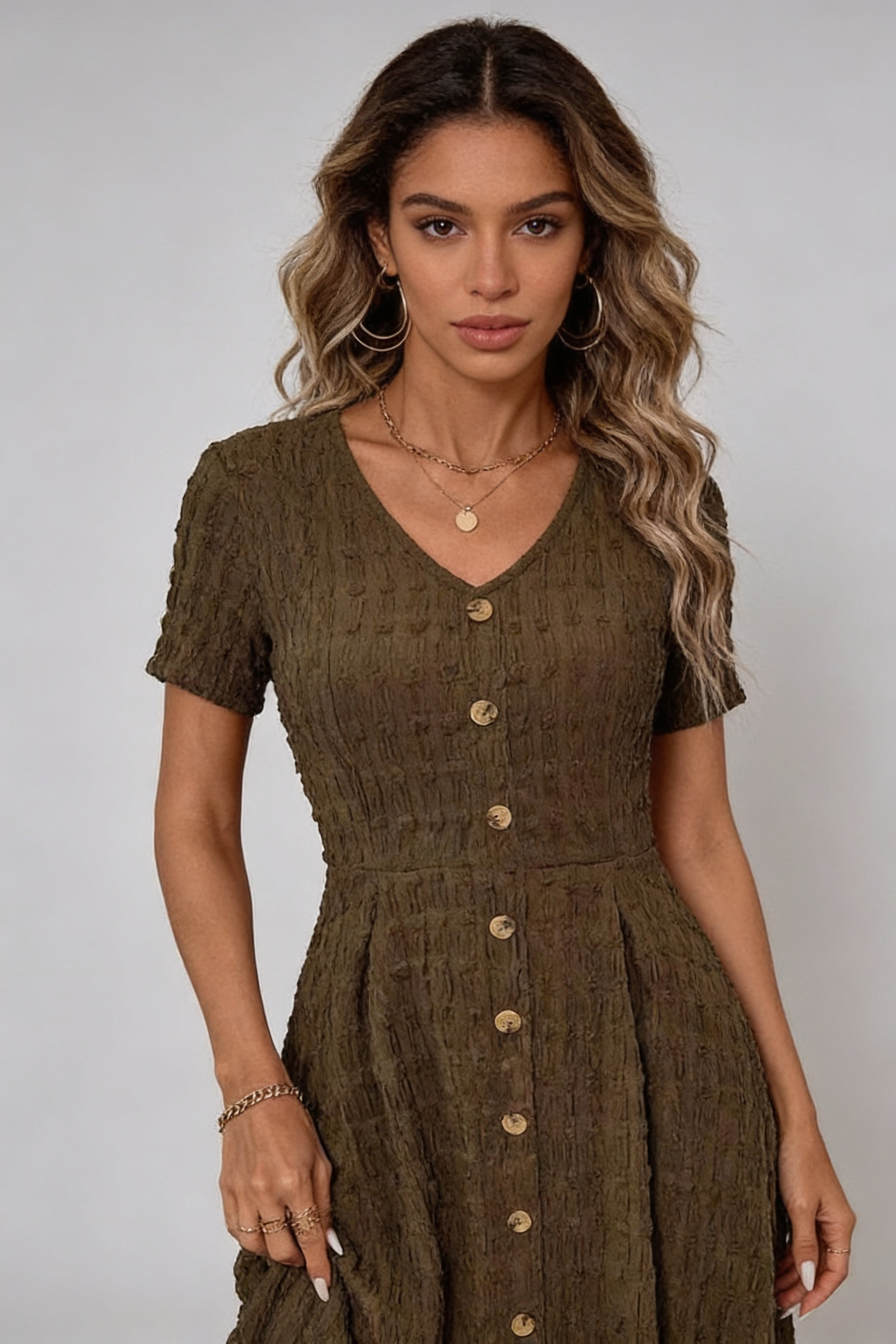 Vestido Feminino Midi Texturizado Marrom Casual