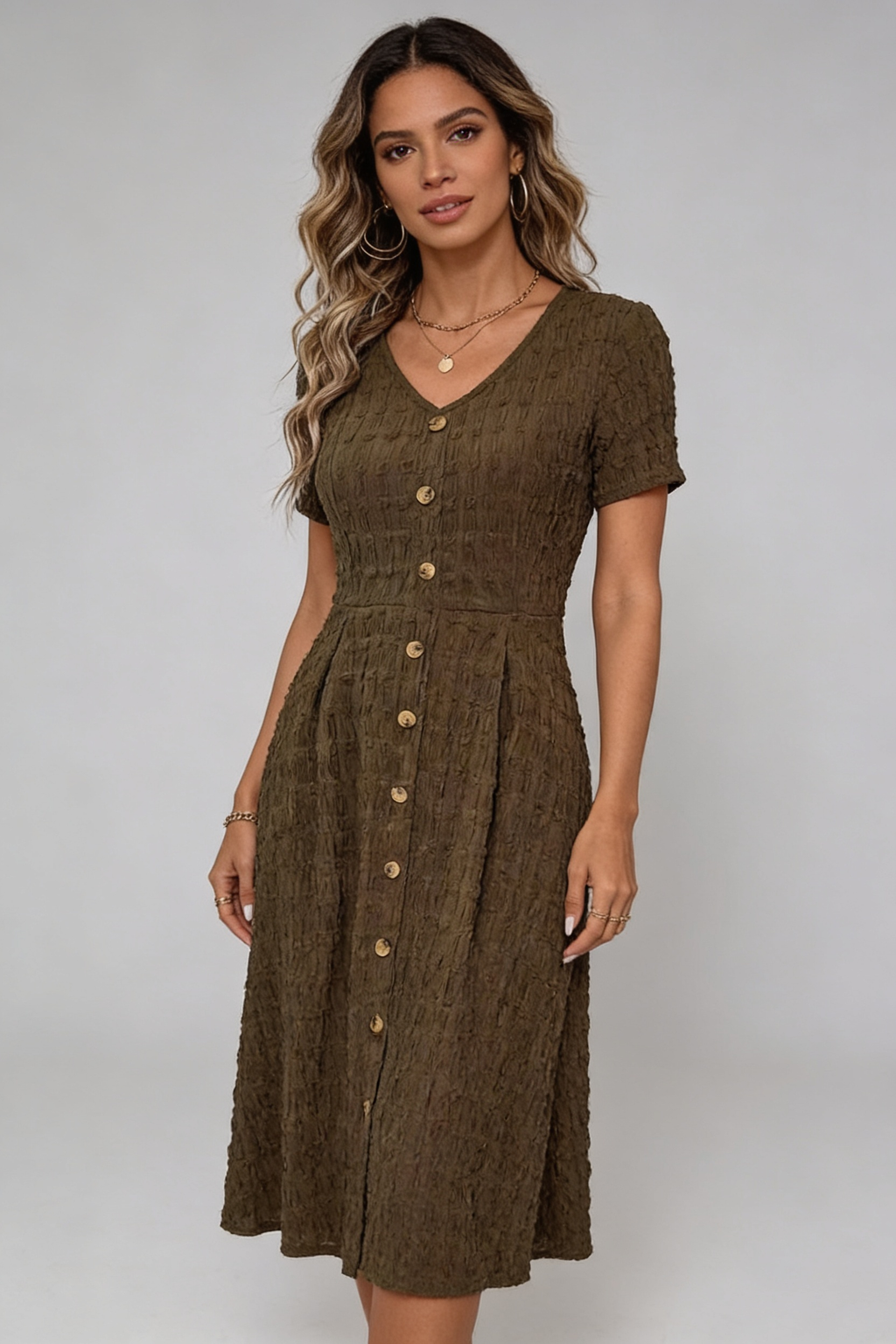 Vestido Feminino Midi Texturizado Marrom Casual