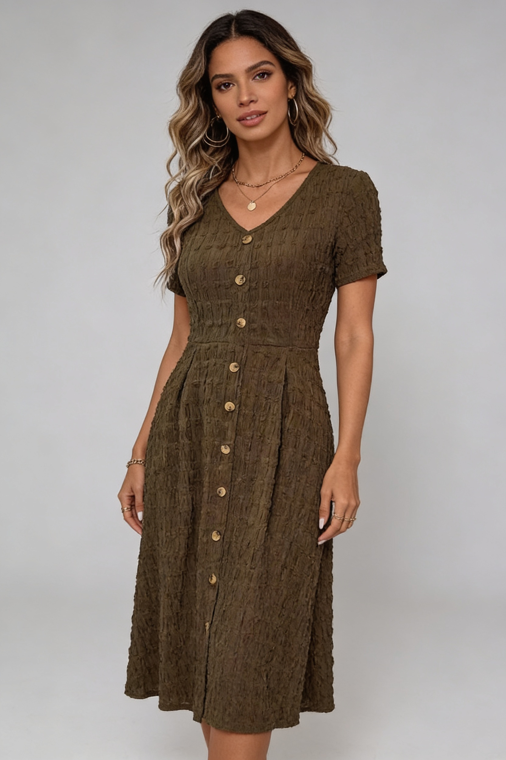 Vestido Feminino Midi Texturizado Marrom Casual