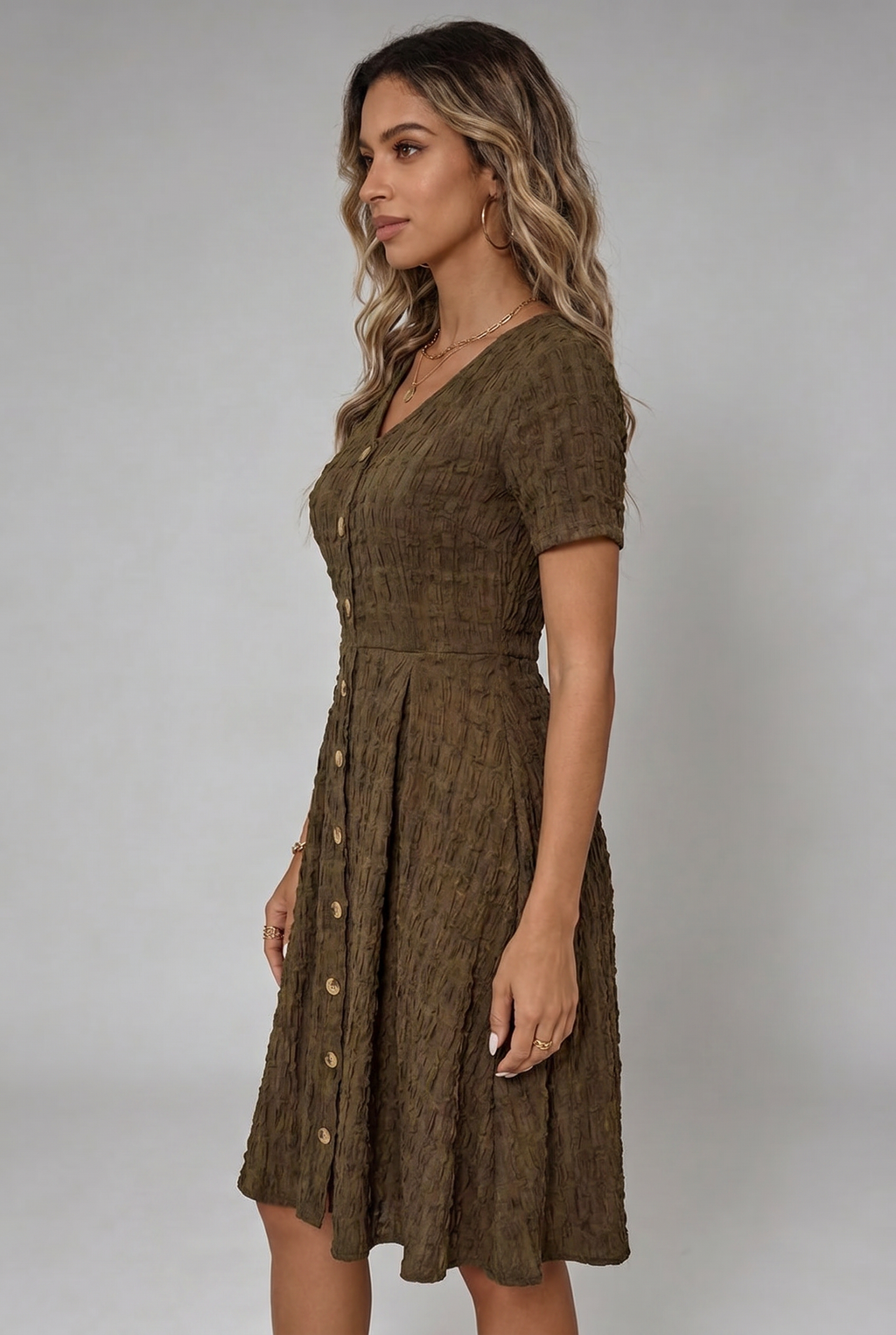 Vestido Feminino Midi Texturizado Marrom Casual